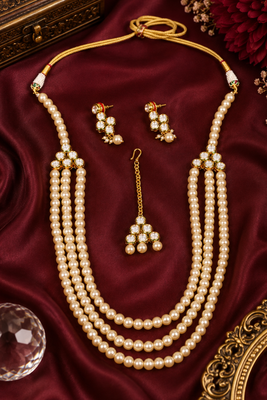 Multi layer pearl beaded kundan gold plated necklace set 2