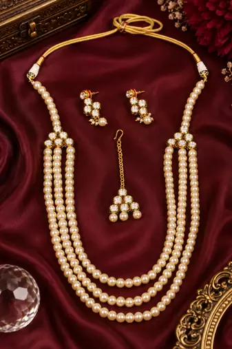 Multi layer pearl beaded kundan gold plated necklace set