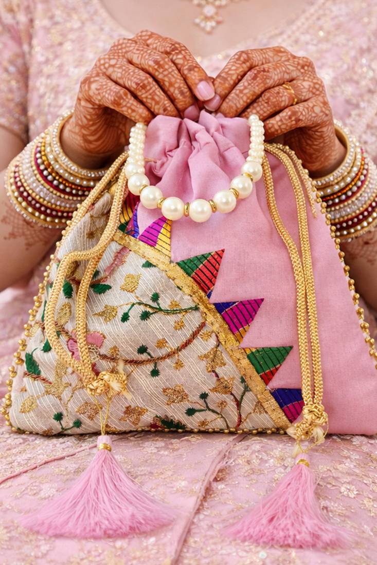 Pink embroidered potli bags – handcrafted wedding potli with beads