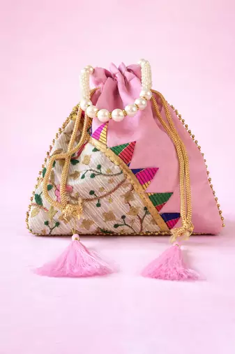 Pink embroidered potli bags – handcrafted wedding potli with beads