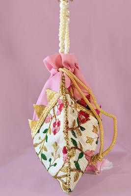 Pink embroidered potli bags – handcrafted wedding potli with beads 3