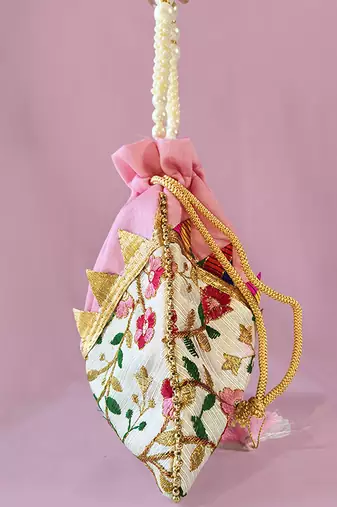 Pink embroidered potli bags – handcrafted wedding potli with beads