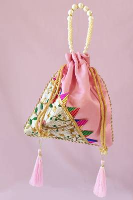 Pink embroidered potli bags – handcrafted wedding potli with beads 4