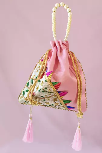 Pink embroidered potli bags – handcrafted wedding potli with beads