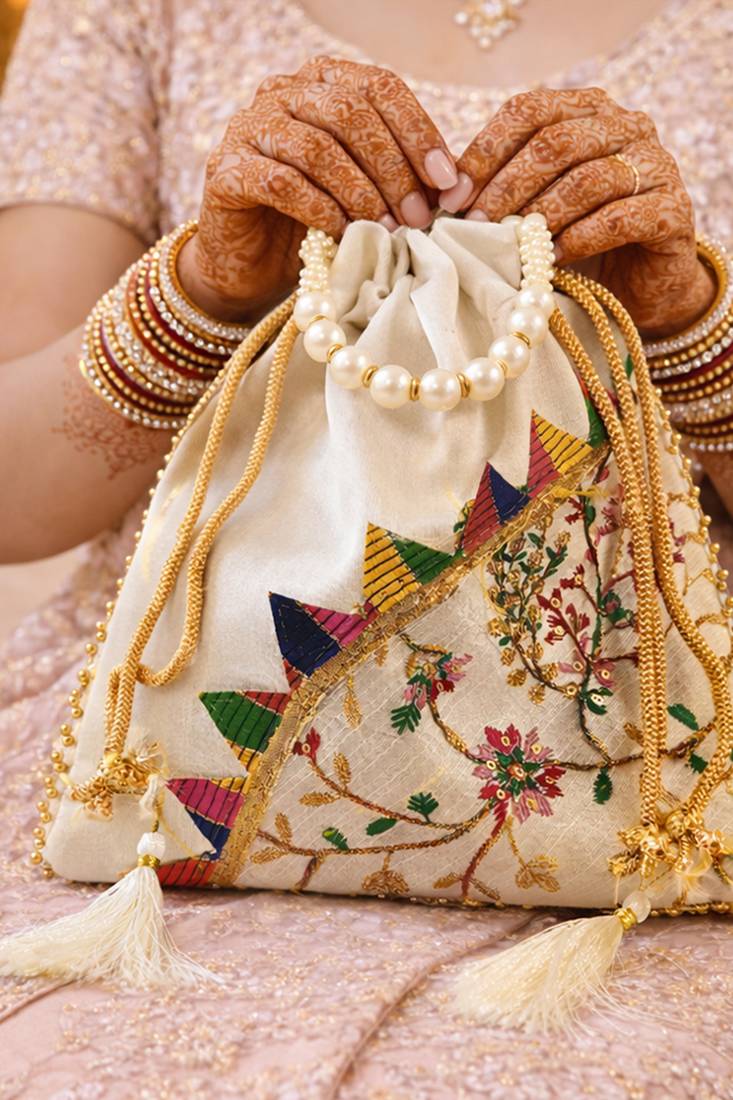White embroidered potli bags – handcrafted wedding potli with beads 