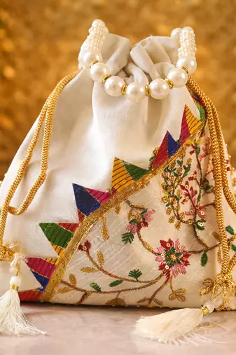 White embroidered potli bags – handcrafted wedding potli with beads 