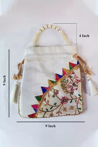 White embroidered potli bags – handcrafted wedding potli with beads 
