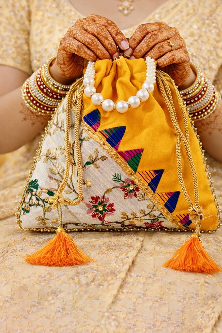 Yellow embroidered potli bags – handcrafted wedding potli with beads 