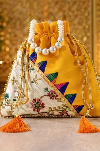 Yellow embroidered potli bags – handcrafted wedding potli with beads 