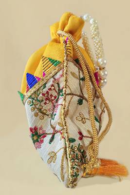 Yellow embroidered potli bags – handcrafted wedding potli with beads  3