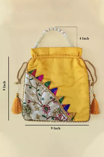 Yellow embroidered potli bags – handcrafted wedding potli with beads 