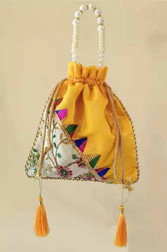 Yellow embroidered potli bags – handcrafted wedding potli with beads 