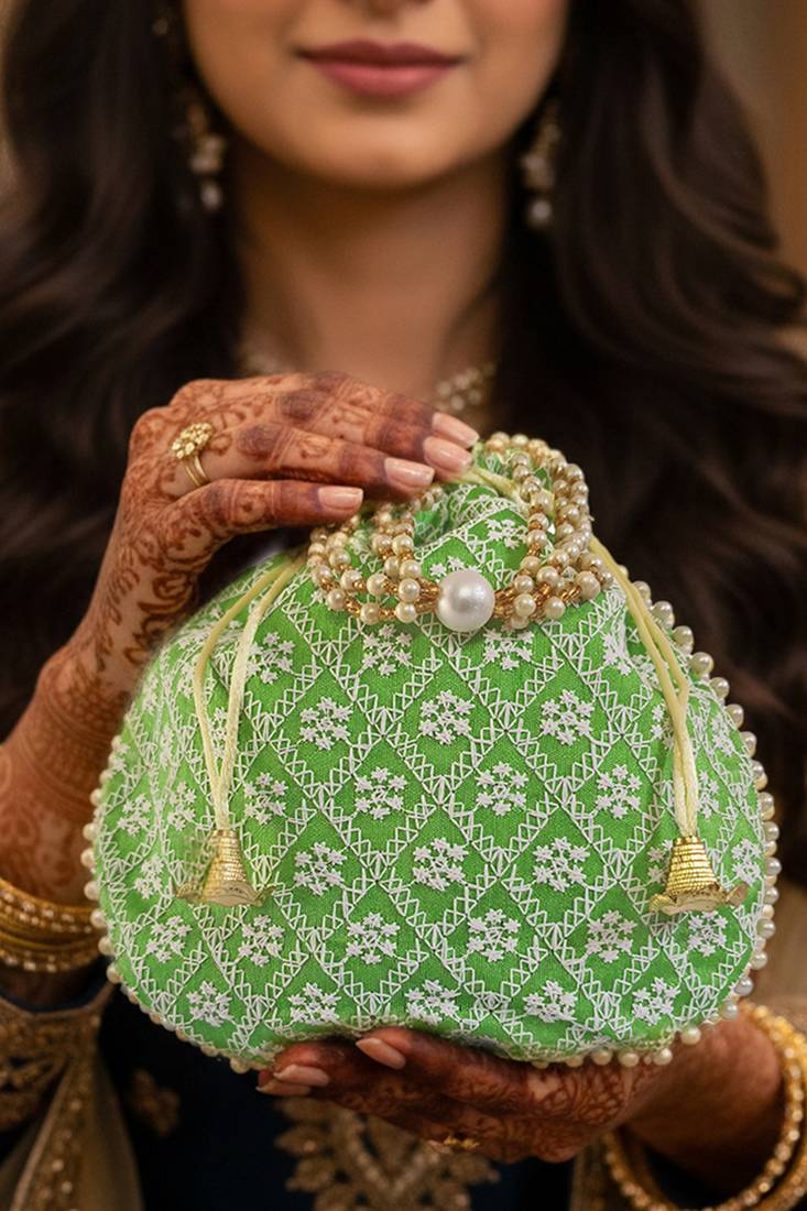 Green embroidered potli bags – handcrafted wedding potli with beads