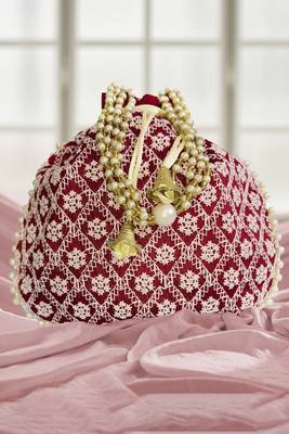 Maroon embroidered potli bags – handcrafted wedding potli with beads  1