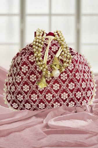 Maroon embroidered potli bags – handcrafted wedding potli with beads 