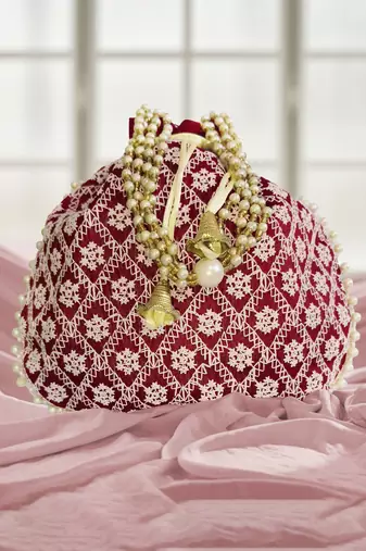 Maroon embroidered potli bags – handcrafted wedding potli with beads 