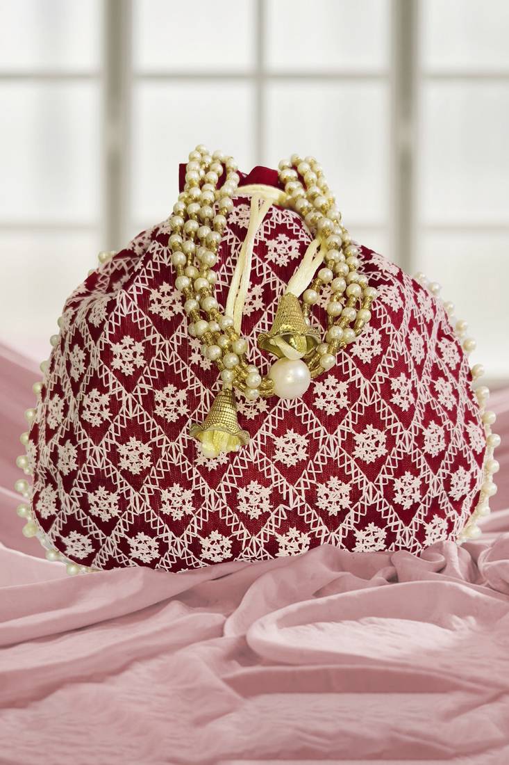 Maroon embroidered potli bags – handcrafted wedding potli with beads 