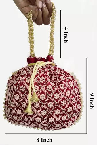 Maroon embroidered potli bags – handcrafted wedding potli with beads 