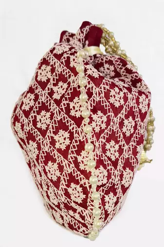 Maroon embroidered potli bags – handcrafted wedding potli with beads 