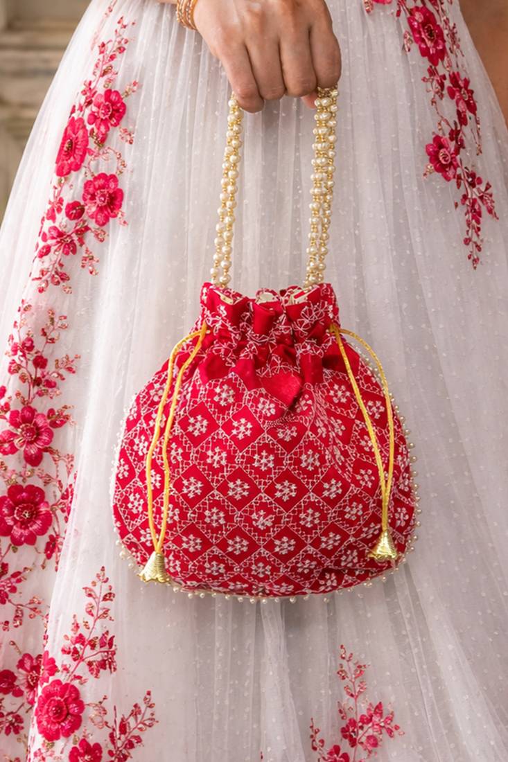 Red embroidered potli bags handcrafted wedding potli with beads