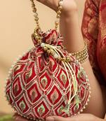 Red embroidered potli bags handcrafted wedding potli with beads