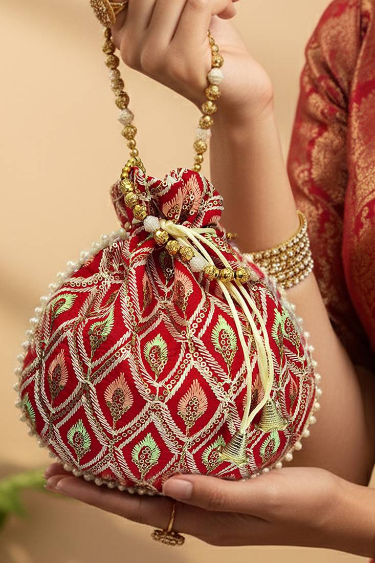Red embroidered potli bags handcrafted wedding potli with beads