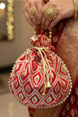 Red embroidered potli bags handcrafted wedding potli with beads 2