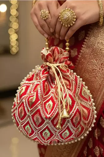 Red embroidered potli bags handcrafted wedding potli with beads