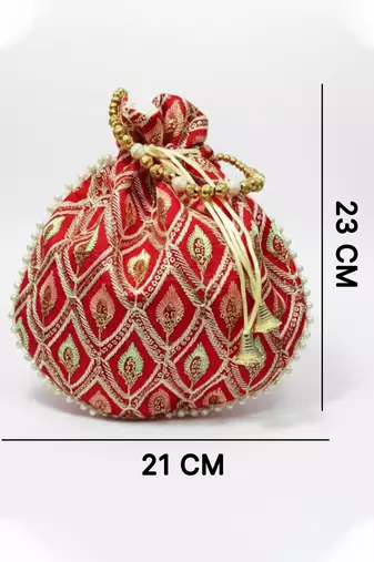 Red embroidered potli bags handcrafted wedding potli with beads