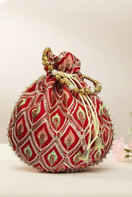 Red embroidered potli bags handcrafted wedding potli with beads 5