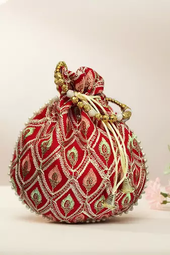 Red embroidered potli bags handcrafted wedding potli with beads