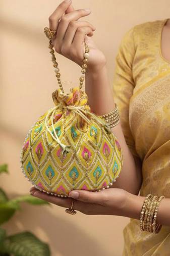 Yellow embroidered potli bags handcrafted wedding potli with beads  