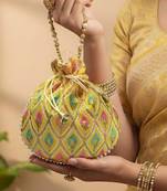 Yellow embroidered potli bags handcrafted wedding potli with beads  