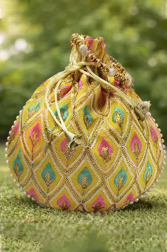Yellow embroidered potli bags handcrafted wedding potli with beads  