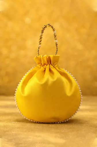 Yellow embroidered potli bags handcrafted wedding potli with beads  