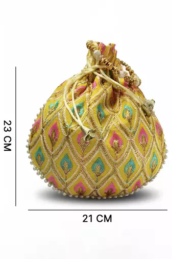 Yellow embroidered potli bags handcrafted wedding potli with beads  