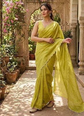 Lime Color Pearl border Work Georgette Saree 1