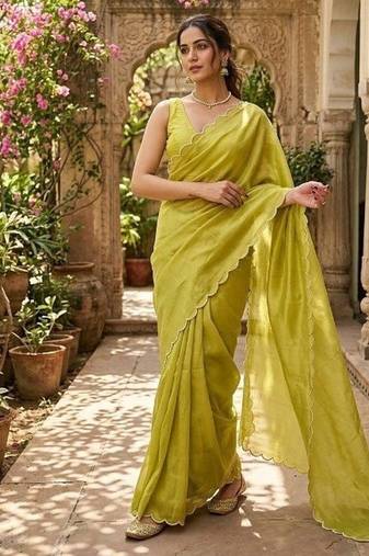 Lime Color Pearl border Work Georgette Saree