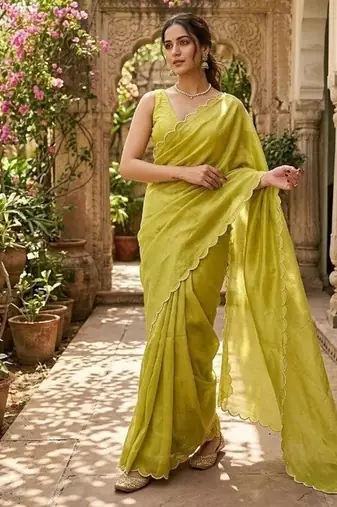 Lime Color Pearl border Work Georgette Saree