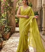 Lime Color Pearl border Work Georgette Saree