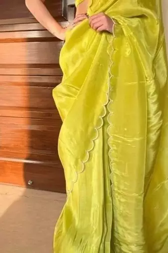 Lime Color Pearl border Work Georgette Saree