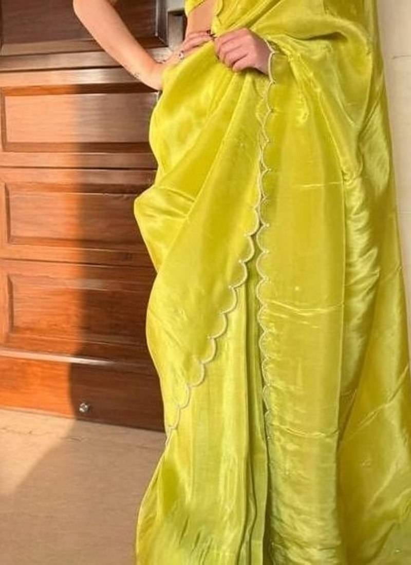 Lime Color Pearl border Work Georgette Saree