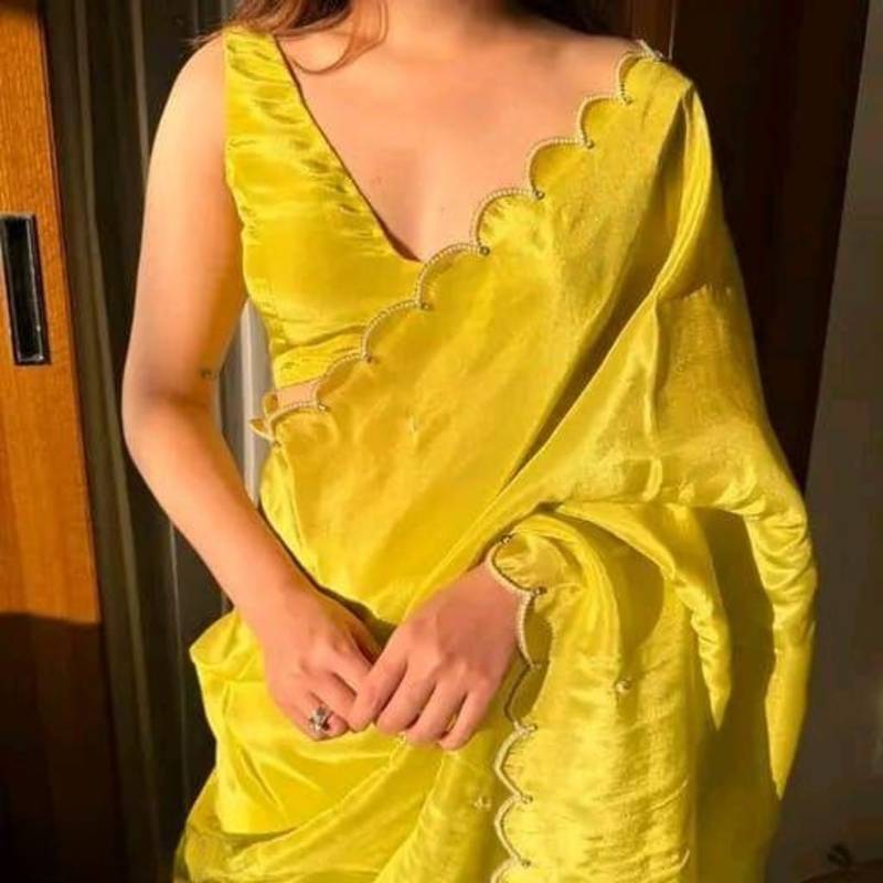 Lime Color Pearl border Work Georgette Saree