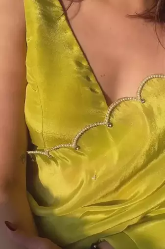 Lime Color Pearl border Work Georgette Saree