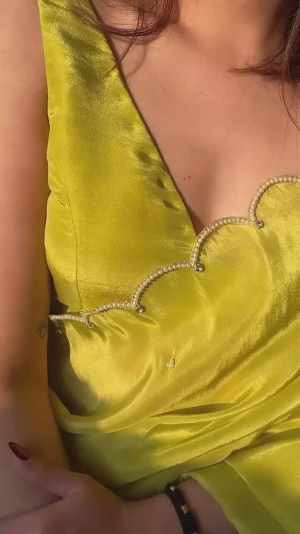 Lime Color Pearl border Work Georgette Saree