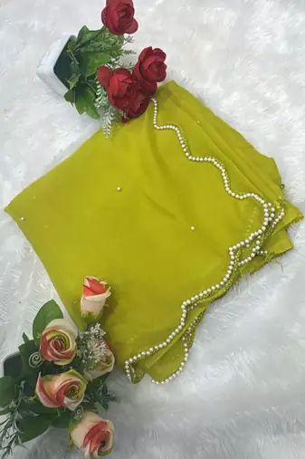 Lime Color Pearl border Work Georgette Saree