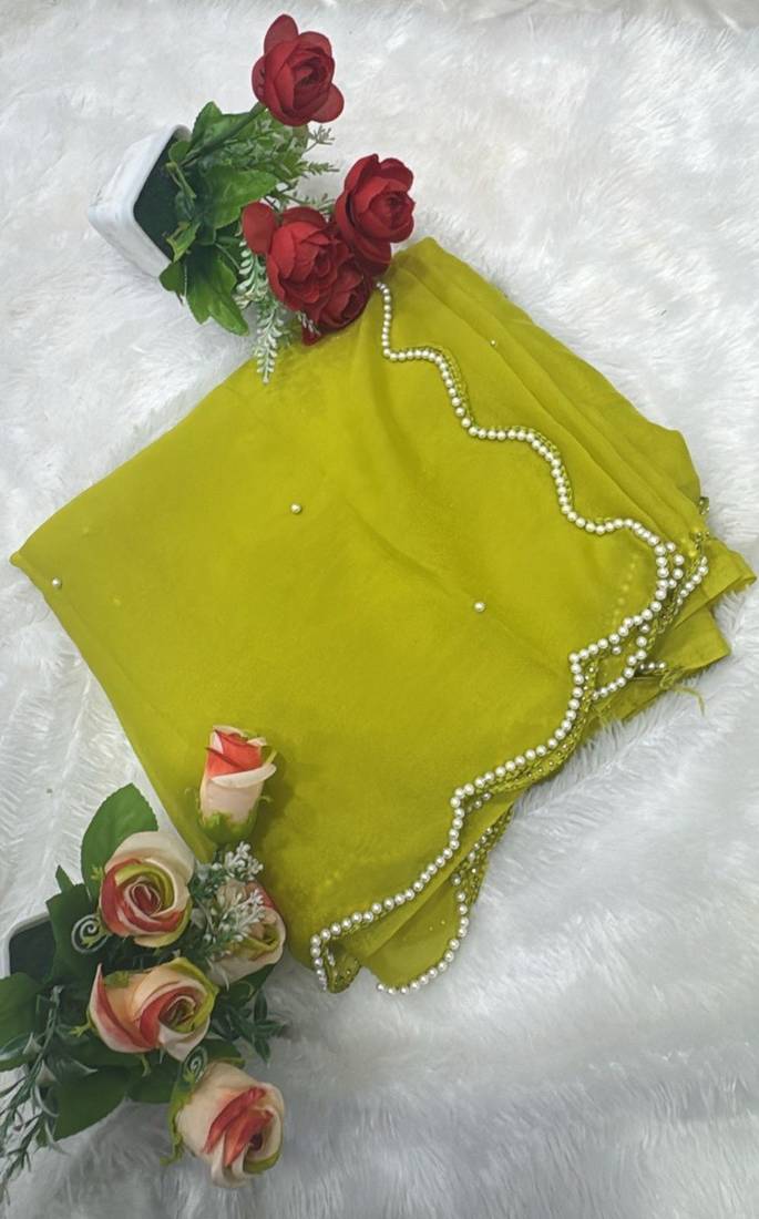 Lime Color Pearl border Work Georgette Saree