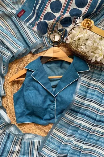 Blue Color Digital Print Work Cotton Saree