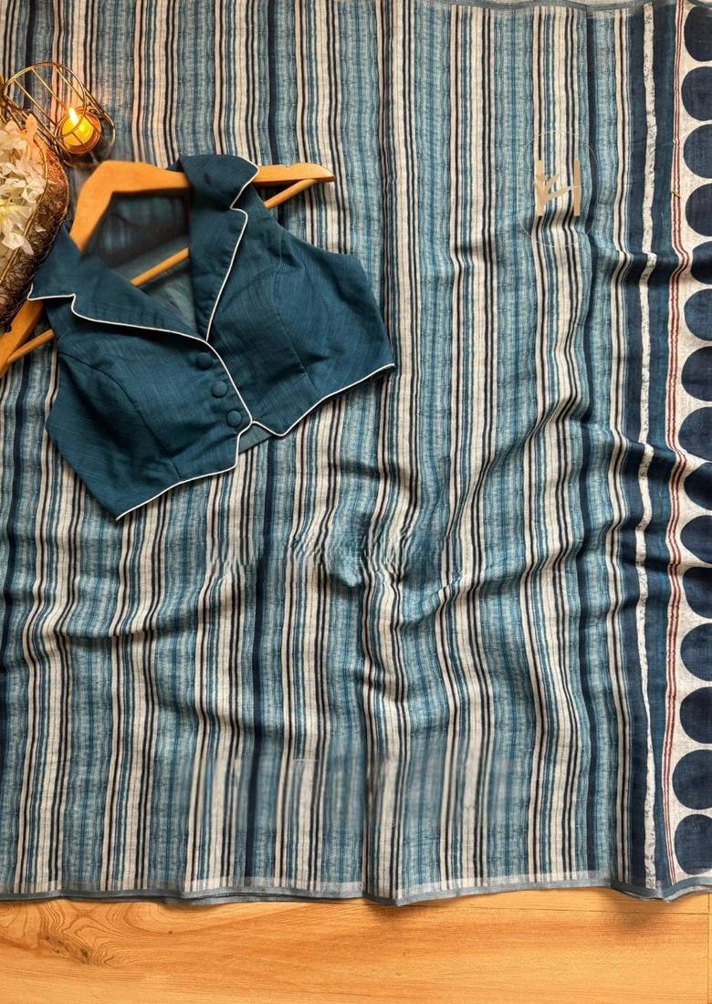Blue Color Digital Print Work Cotton Saree