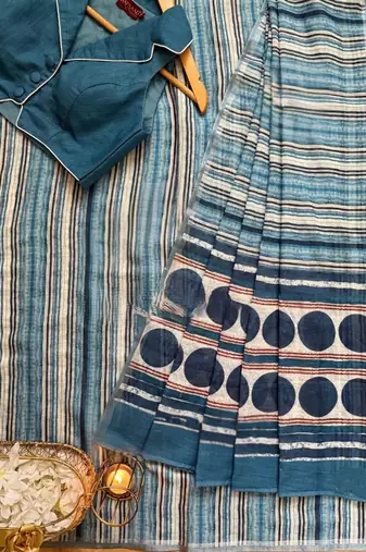 Blue Color Digital Print Work Cotton Saree